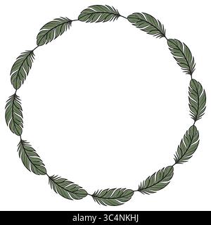 Elegantes, runder Vektor-Rahmendesign mit einem zarten Arrangement aus stilisierten grünen Federn, perfekt für Einladungen, Logos oder dekorative Elemente. Stock Vektor