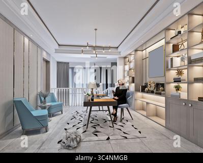 3D-Rendern, Heimbüro, Remote-Arbeiten Stockfoto