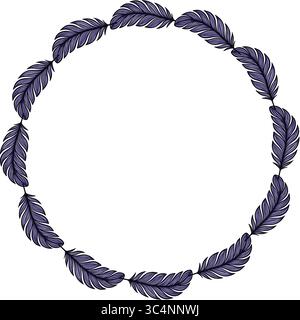 Elegantes, kreisförmiges Vektor-Rahmendesign mit einer Reihe detaillierter, dunkelvioletter Federn, die eine raffinierte und minimalistische Rahmenlinie pro schaffen Stock Vektor