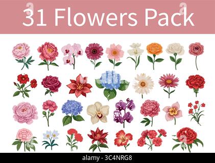 Wunderschöne Sammlung von 31 leuchtenden Blumen für elegante Designs und kreative Projekte, Blüten und Blütenblätter Stock Vektor
