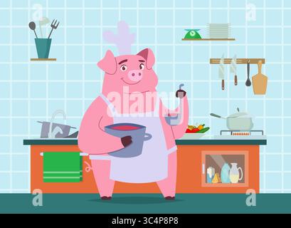 Koch Schweinchen. Cartoon Maskottchen Schwein, das Essen in der Küche zubereitet Stock Vektor