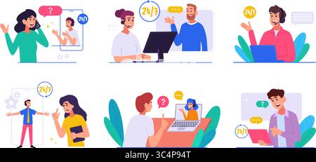 Online-Support. Telefonassistent spricht mit Kunden exakter Vektoranbieter hilft oder unterstützt Gespräche mit Kunden Stock Vektor