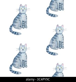 Sitzende graue Tabbykatze mit grünen Augen nahtlosem Muster. Niedliche Aquarellillustration isoliert auf weiß. Handbemalt, perfekt für Kinder Stockfoto
