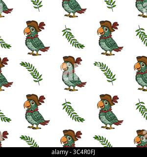 Nahtloses Vektormuster mit fröhlichen Piratenpapageien in braunen Tricornhüten und tropisch grünen Blättern auf weißem Hintergrund, ideal für Kinder Textil Stock Vektor