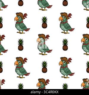Nahtloses Vektormuster mit fröhlichen Piratenpapageien in Tricorn-Hüten und Ananas, ein skurriles Design, das perfekt für tropische Projekte geeignet ist. Stock Vektor