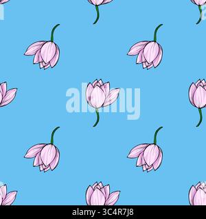 Elegantes nahtloses Vektor-Muster mit einem sich wiederholenden Motiv aus stilisierten hellrosa Lotusblüten mit dunkelgrünen Stielen gegen eine leuchtend hellblaue Ba Stock Vektor
