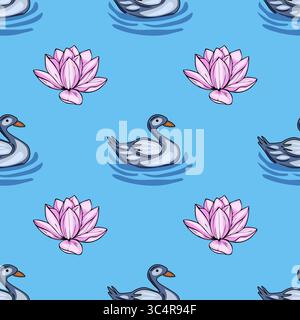 Ruhiges, nahtloses Vektor-Muster mit stilisierten grauen Enten, die zwischen rosa Seerosen auf einem ruhigen hellblauen Hintergrund schwimmen und eine beruhigende Atmosphäre schaffen Stock Vektor