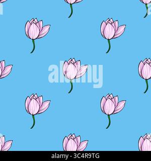 Elegantes nahtloses Vektor-Muster mit einem stilisierten sich wiederholenden Motiv aus hellrosa Lotusblüten auf einem leuchtend blauen Hintergrund, ideal für Textildruck Stock Vektor