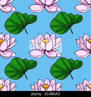 Lebendiges nahtloses Vektor-Muster mit stilisierten rosa Lotusblüten und üppigen grünen Blättern vor einem hellblauen Hintergrund, was eine ruhige und elegante Atmosphäre schafft Stock Vektor