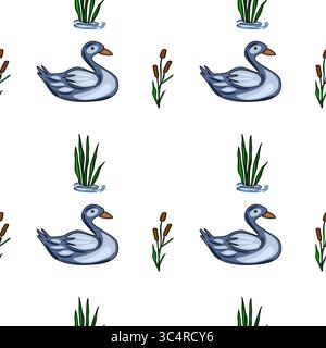 Ein bezauberndes, nahtloses Vektor-Muster mit stilisierten grauen Enten, die friedlich zwischen üppig grünen Schilf und Katzenschwänzen schwimmen, wodurch ein ruhiges Wassererlebnis entsteht Stock Vektor