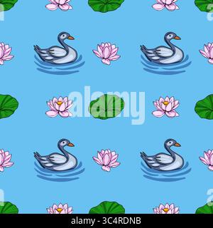 Ruhiges nahtloses Vektor-Muster mit stilisierten Enten, die zwischen rosa Lotusblüten und Lilienpads auf einem ruhigen hellblauen Wasserhintergrund schwimmen. Stock Vektor
