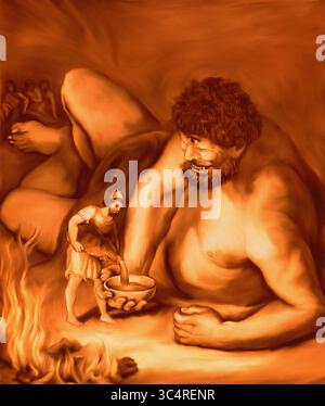 Illustration und digitale konzeptuelle Reproduktion des alten Stiches von 1886: "Ulysses pouring out Wine into the Giant's Bowl". Stockfoto