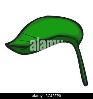 Diese Vektor-Illustration zeigt ein einzelnes, stilisiertes Blatt mit einem leuchtenden grünen Farbton und einem ausgeprägten, langgezogenen Stiel, ideal für umweltfreundliche Designs oder Stock Vektor