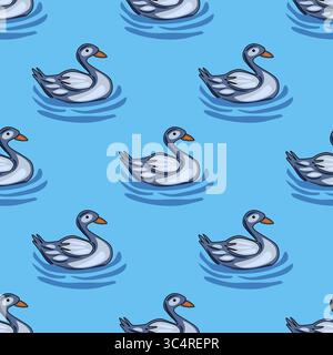 Nahtloses Vektormuster mit stilisierten grauen Enten, die anmutig auf einer ruhigen hellblauen Wasseroberfläche gleiten und ein ruhiges und charmantes Design schaffen Stock Vektor