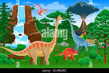 Cartoon prähistorische Dinosaurier in Vulkanlandschaft im jurassischen Dschungelwald, Vektor-Hintergrund. Lustige prähistorische Eidechsen und Reptilien für Kinder Dino Enzyklopädie atlas oder Dinosaurier Geschichtenbuch Stock Vektor