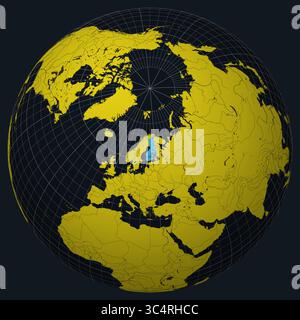 Republik Finnland auf Globe. Landansicht auf der Weltkarte in der Farbpalette Anthrazit Hellgelb. Finnlands Form auf der Karte. Stock Vektor
