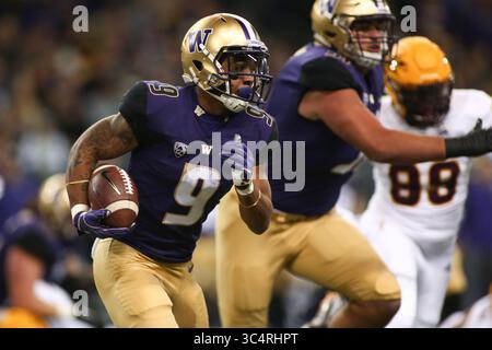 22. September 2018: Washington Huskies Running Back Myles Gaskin (9) spielt den Ball während eines Spiels zwischen den Arizona State Sun Devils und Washington Huskies im Husky Stadium in Seattle, WA. Sean Brown/CSM(Credit Image: &Copy; Sean Brown/CSM via ZUMA Wire) Stockfoto
