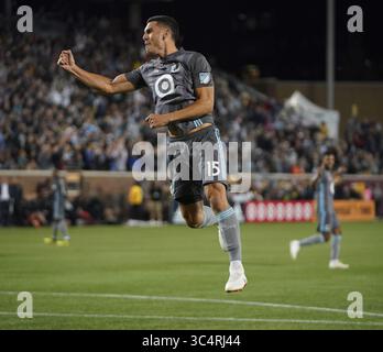 22. September 2018: Minneapolis, MN, USA - Minnesota United-Verteidiger Michael Boxall (15) feiert, nachdem er am Samstag, den 22. September 2018, im TCF Bank Stadium in Minneapolis ein Tor in der ersten Halbzeit gegen die Portland Timbers erzielt hat. (Bild: © Aaron Lavinsky/Minneapolis Star Tribune/TNS via ZUMA Wire) Stockfoto