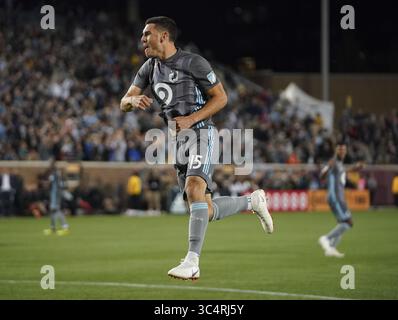 22. September 2018: Minneapolis, MN, USA - Minnesota United-Verteidiger Michael Boxall (15) feiert, nachdem er am Samstag, den 22. September 2018, im TCF Bank Stadium in Minneapolis ein Tor in der ersten Halbzeit gegen die Portland Timbers erzielt hat. (Bild: © Aaron Lavinsky/Minneapolis Star Tribune/TNS via ZUMA Wire) Stockfoto