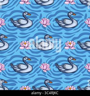 Nahtloses Vektormuster mit stilisierten grauen Enten, die anmutig zwischen rosa Seerosen auf einem lebendigen blauen Wasserhintergrund mit einem dynamischen W schwimmen Stock Vektor