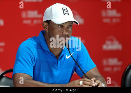 22. September 2018 – Atlanta, Georgia, USA – Tiger Woods spricht nach der dritten Runde der TOUR Championship 2018 mit den Medien. (Bild: © Debby Wong/ZUMA Wire) Stockfoto