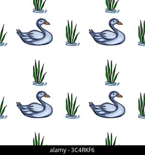 Nahtloses Vektormuster mit stilisierten grauen Enten, die zwischen leuchtend grünen Schilfen auf einem unberührten weißen Hintergrund schwimmen, wodurch ein ruhiges und Saibling entsteht Stock Vektor