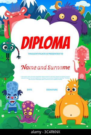 Kinder-Diplom mit lustigen Zeichentrickmonsterfiguren für Zertifikat-Auszeichnung, Vektorvorlage. Diplom-Zertifikat mit lustigen Monstern, Kobolden und Yeti oder gruseligen Oger-Kreaturen für Schule oder Kindergarten Stock Vektor