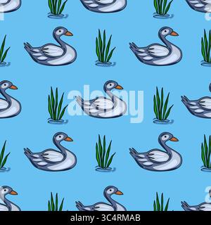 Nahtloses Vektormuster mit stilisierten grauen Enten, die anmutig zwischen leuchtendem grünen Schilf vor einer ruhigen hellblauen Wasserkulisse schwimmen. Stock Vektor