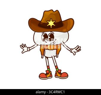 Cartoon grooviger Pilz Cowboy oder Champignon Sheriff und Bandit Gemüse, Vektor Charakter. Lustiger grooviger Pilz im Cowboyhut als Wild West Sheriff oder Western Ranger mit Waffen und Bandoleer Stock Vektor