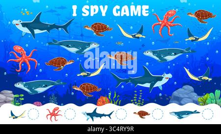 Kids I Spion Spiel Arbeitsblatt mit Meerestieren oder Unterwasserfischen, Vektor Quiz Puzzle. Ich spioniere im Spiel aus, um das gleiche Bild von Cartoon-Kraken, Meeresschildkröten, Robben oder Mantarochen mit Hammerhai zu finden Stock Vektor