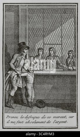 Frankreich. "Prenez la defroque de ce maraut, Car il me faut absolument de l'argent" (nehmt die Kleider dieses Schurken, denn ich brauche dringend Geld). Illustration aus „Le Prêteur sur gages ou l'Intérieur des maisons de prêts“ von Joseph de Rosny (1771-1814) aus dem Jahr 1798, die die Welt der Pfandhändler und Geldgeber erforscht und eine kritische und historische Perspektive dieses Finanzsystems bietet. Zeichnung von Louis Binet. Stich von Edme Bovinet (1767-1843). Direktorin, Konsulat und Reich. Moeurs et Usages, Lettres, Sciences et Arts. Frankreich, 1795-1815“ (Verzeichnis, Konsulat und Reich von Stockfoto