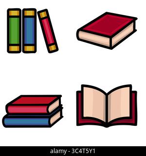 Eine lebendige Vektor-Illustration, die verschiedene Buchdarstellungen zeigt: Einen Stapel Bücher, einzelne Bücher in verschiedenen Richtungen und ein einziges offenes Buch, Stock Vektor
