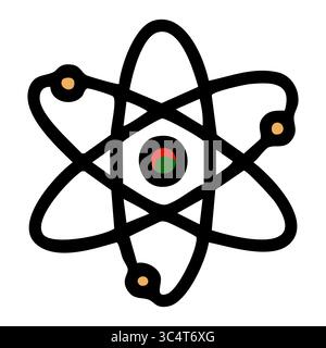 Auffällige Vektorillustration eines Atommodells mit einem einzigartigen Farbschema für den Kern, mit schwarzen Umrissen und goldgelben Elektronen. Stock Vektor