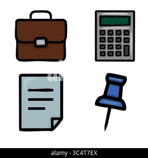 Eine Vektorillustration mit einem braunen Aktenkoffer, einem grauen Rechner, einem hellblauen Dokument und einer blauen Stecknadel, gerendert in einfachen handgezeichneten s Stock Vektor