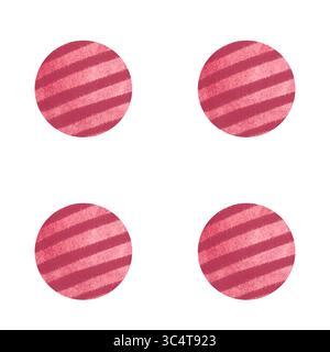 Rote, strukturierte Kugeln mit diagonalen Streifen. Nahtloses Aquarellmuster isoliert auf weiß. Verspieltes minimales Design, geeignet für Kinderprodukte Stockfoto