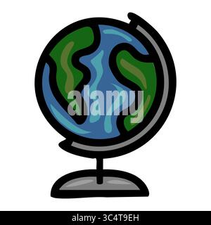 Eine stilisierte Vektor-Illustration eines Globus, mit einer kräftigen schwarzen Umrandung, vereinfachten Landmassen in Grüntönen und einem blauen Ozean mit welligen Linien, Stock Vektor
