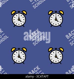 Ein lebendiges, nahtloses Vektor-Muster mit einem fröhlichen Wecker und dem Satz „Back to School“, perfekt für Bildungsprojekte und Schulbesucher Stock Vektor
