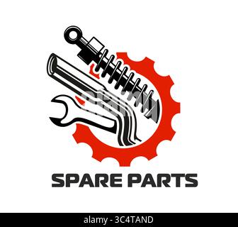 Auto-Ersatzteile-Symbol in schwarz und rot. Mechanisches Vektor-Emblem mit Schraubenschlüssel, Stoßdämpfer, gebogenem Rohr und Zahnrad. Industriesymbol für Kfz-Reparatur, -Wartung oder -Service Stock Vektor
