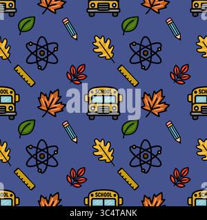 Dieses nahtlose Vektor-Muster zeigt ein fröhliches Back-to-School-Design mit Herbstblättern, Schulbus, Bleistift, Lineal und Atomsymbolen auf einer tiefblauen Ba Stock Vektor