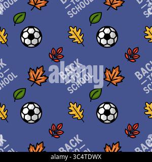 Ein lebendiges, nahtloses Vektor-Muster, das Back to School feiert, mit Herbstlaub, Fußballbälle und einem verspielten handgezeichneten Stil auf einem tiefblauen bac Stock Vektor