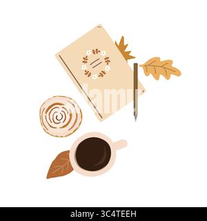 Ästhetische Herbstkomposition mit Notizbuch, Kaffee, Süßigkeiten und getrockneten Blättern. Ansicht der Tischaufsicht. Vektor-Herbstillustration. Stock Vektor