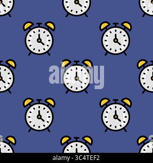 Nahtloses Vektormuster mit einer verspielten Wiederholung vereinfachter Wecker mit gelben Glocken vor tiefblauem Hintergrund für eine fröhliche und fröhliche Stock Vektor