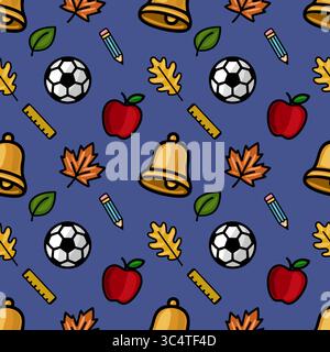 Ein lebhaftes, nahtloses Muster mit Schulutensilien, Herbstlaub und einem Fußball, das ein verspieltes Back-to-School-Design auf tiefem Blau schafft Stock Vektor