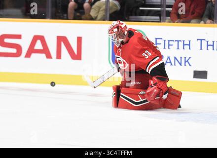 25. September 2018; Nashville TN, USA Carolina Hurricanes Torhüter Scott Darling (33) lenkt den Puck in der ersten Phase eines Vorsaisonspiels zwischen den Carolina Hurricanes und den Nashville Predators in der Bridgestone Arena ab. Fotograf: Steve Roberts. (Bild: &Copy; Steve Roberts/Cal Sport Media/CSM via ZUMA Wire) Stockfoto