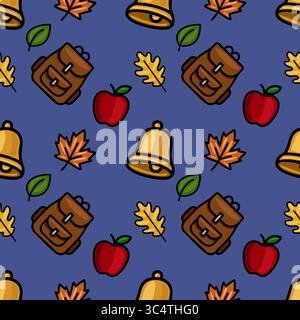 Ein bezauberndes, nahtloses Vektor-Muster mit braunen Rucksäcken, goldenen Glocken, roten Äpfeln und Herbstblättern auf tiefblauem Hintergrund, ideal für Back-to-Touren Stock Vektor