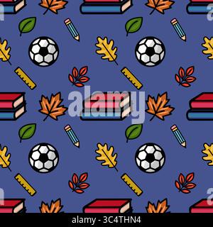 Ein lebendiges, nahtloses Vektor-Muster mit einer verspielten Mischung aus Schulutensilien, Herbstlaub und einem Fußball vor einem tiefblauen Hintergrund, IDEA Stock Vektor