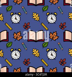 Ein lebendiges, nahtloses Vektor-Muster mit einer verspielten Mischung aus Herbstlaub, Schulutensilien wie Wecker, Bleistifte und Lineale und offenen Büchern, cr Stock Vektor