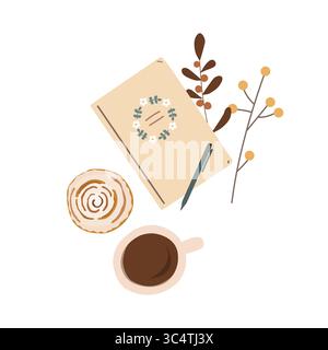 Ästhetische Herbstkomposition mit Notizbuch, Kaffee, Süßigkeiten und getrockneten Blättern. Ansicht der Tischaufsicht. Vektor-Herbstillustration. Stock Vektor