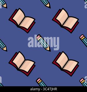 Ein lebendiges, nahtloses Vektor-Muster mit einem verspielten Arrangement offener Notizbücher mit braunen Hüllen und blauen Bleistiften, die vor einem tiefblauen Hintergrund stehen Stock Vektor