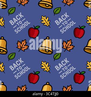 Ein lebendiges, nahtloses Vektor-Muster, das Back to School feiert, mit goldenen Glocken, roten Äpfeln, Herbstblättern und dem verspielten „Back to School“-Text Stock Vektor